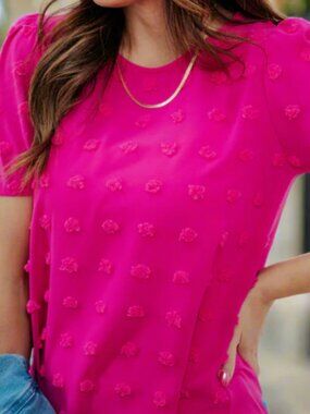 Textured Dot Solid Back Blouse Hot Pink Large NWOT